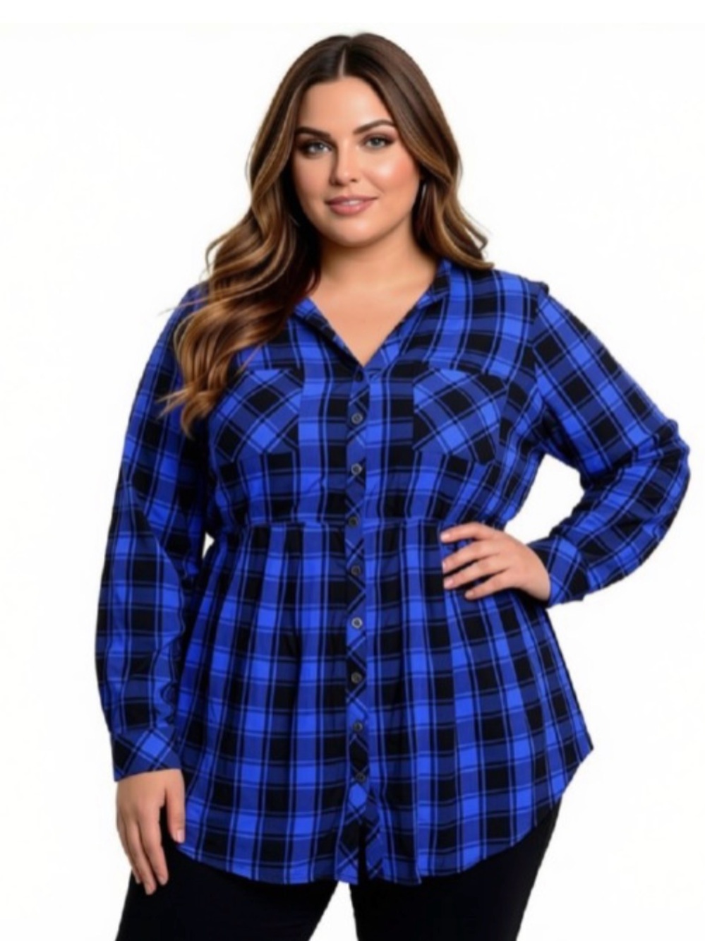 Torrid Cobalt Blue and Black Plaid Button Front Blouse with Cinched Waist